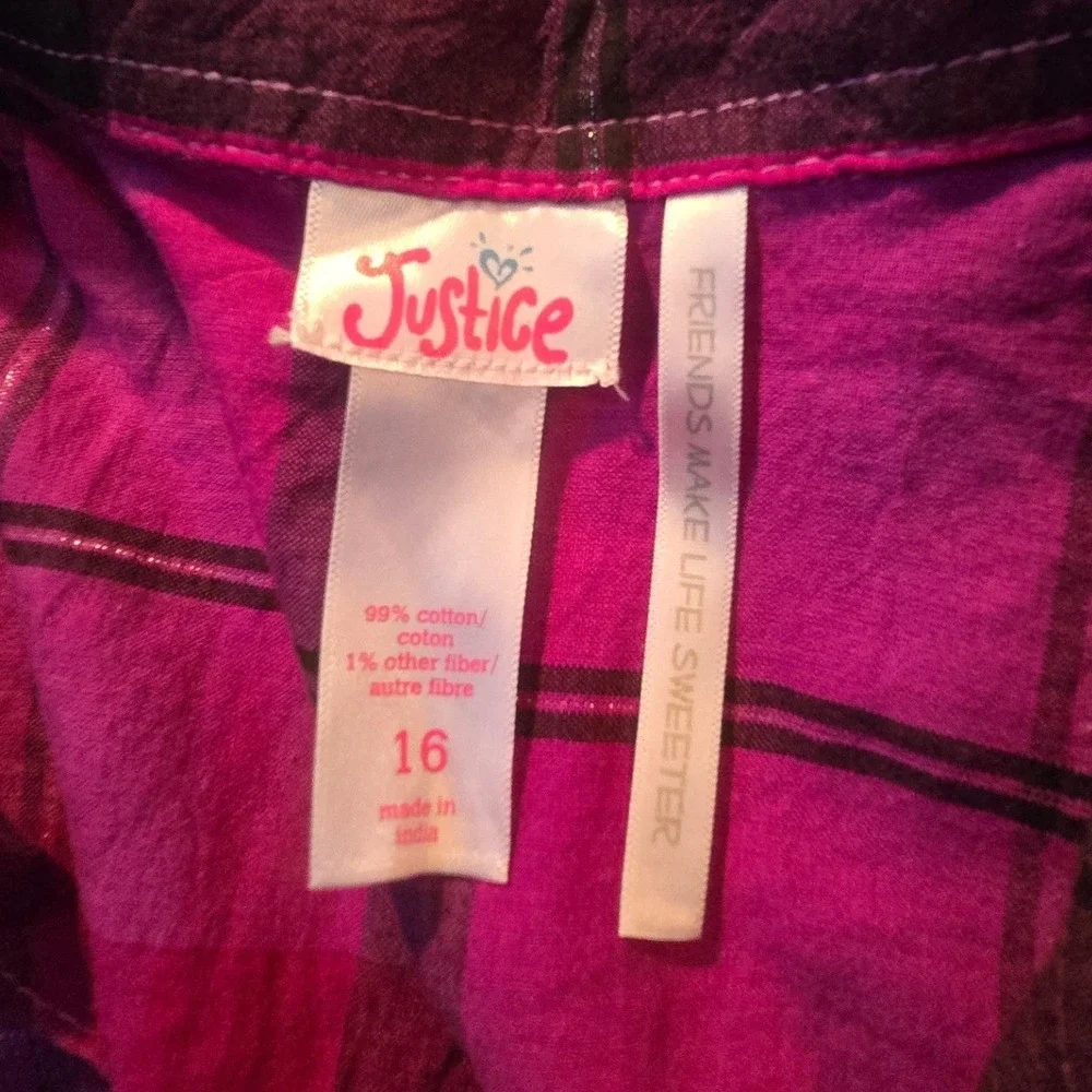 Justice Girls Size 16 Pink Plaid Sleeveless‎ Button Down Shirt Top NWT